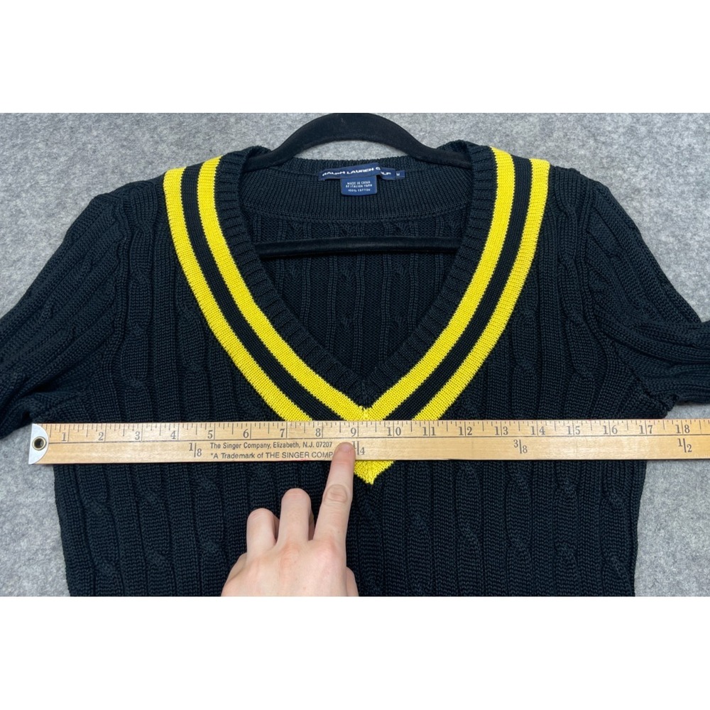 Vintage Ralph Lauren Golf Sweater Womens M Black Yellow Cable Knit V Neck Preppy - Picture 6 of 13